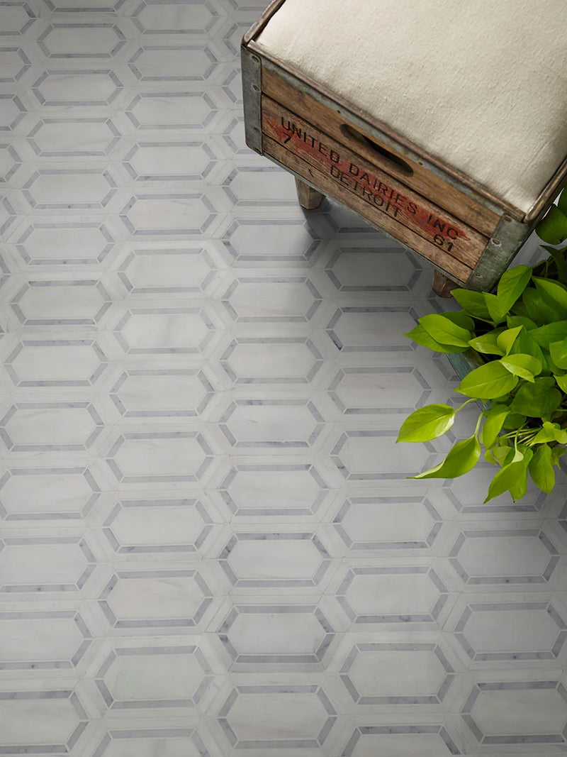 Bianco Dolomite Pavilion Picket Polished Pattern 0.38 Inch Marble Mosaic Tile