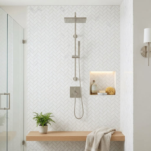 Bianco Dolomiti (White Dolomite) 1x2 Honed Herringbone Mosaic — Bathroom shower wall
