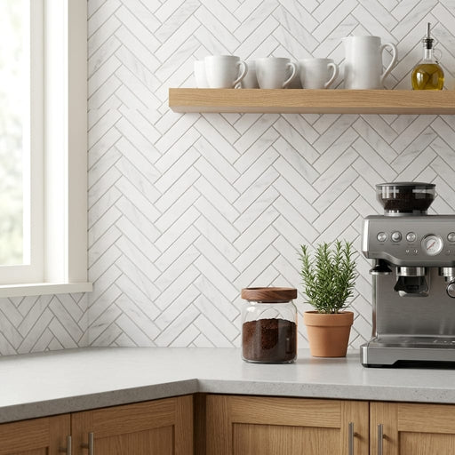 Bianco Dolomiti (White Dolomite) 1x4 Honed Herringbone Mosaic — Kitchen backsplash