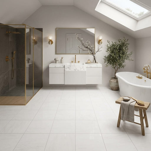 Bianco Dolomiti (White Dolomite) 12x12 Honed Tile — Bathroom floor
