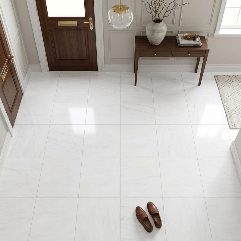 Bianco Dolomiti (White Dolomite) 12x12 Honed Tile — Foyer floor