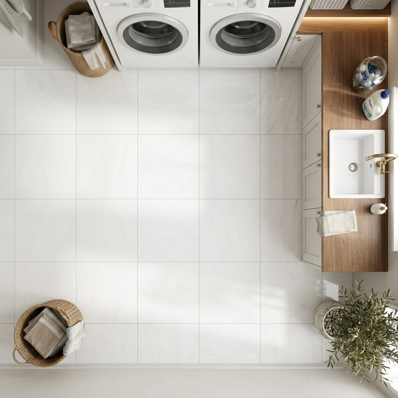 Bianco Dolomiti (White Dolomite) 12x12 Honed Tile — Laundry Room floor