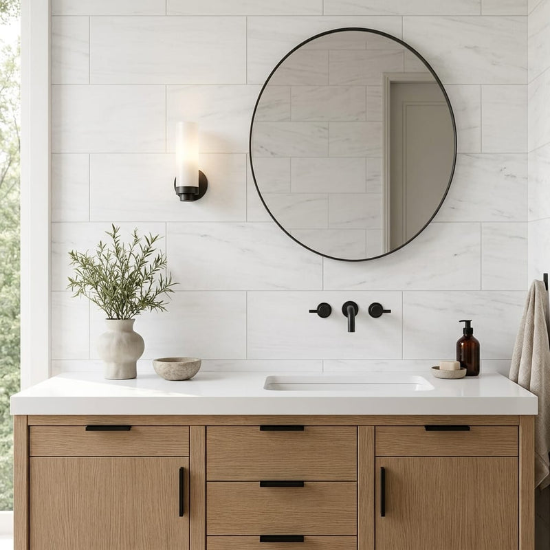 Bianco Dolomiti (White Dolomite) 12x24 Honed Tile — Bathroom vanity wall