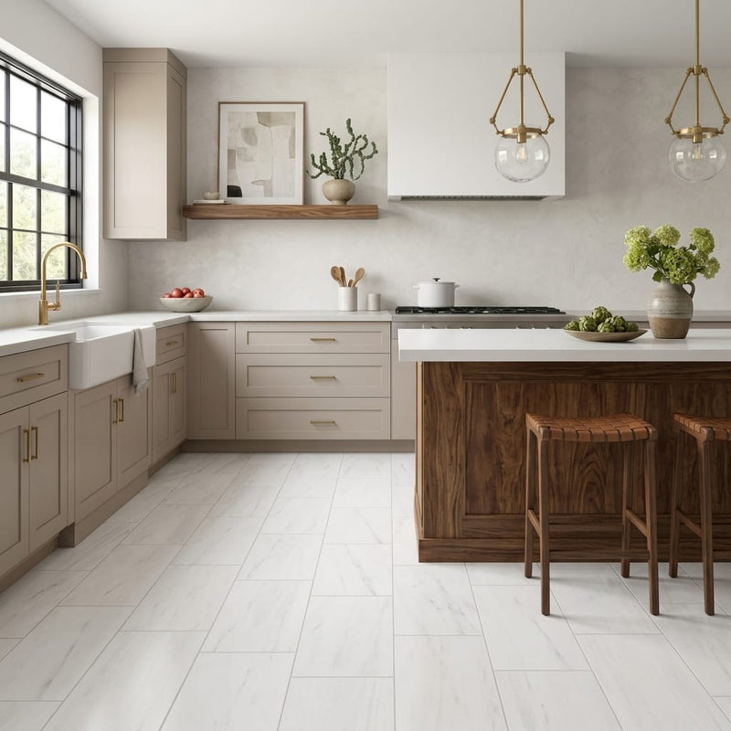 Bianco Dolomiti (White Dolomite) 12x24 Honed Tile — Kitchen floor