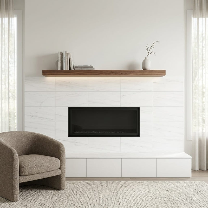 Bianco Dolomiti (White Dolomite) 12x24 Honed Tile — Living Room fireplace surround