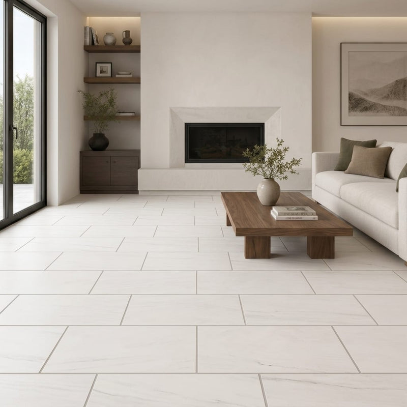 Bianco Dolomiti (White Dolomite) 12x24 Honed Tile — Living Room floor