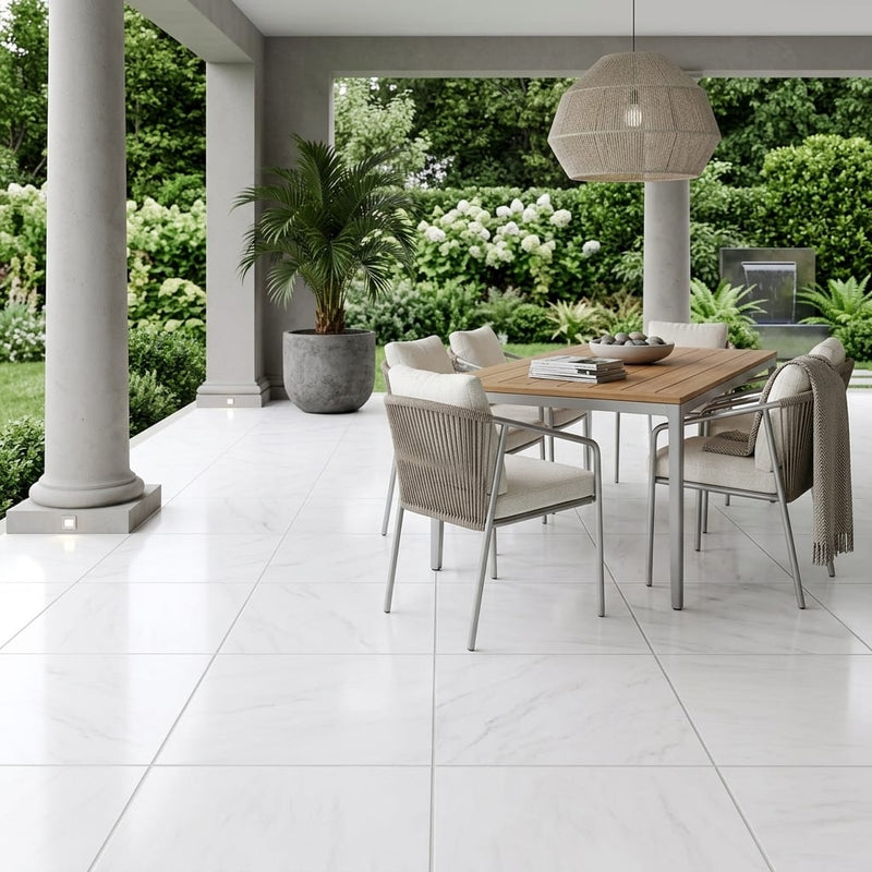 Bianco Dolomiti (White Dolomite) 18x18 Honed Tile — Covered Patio floor