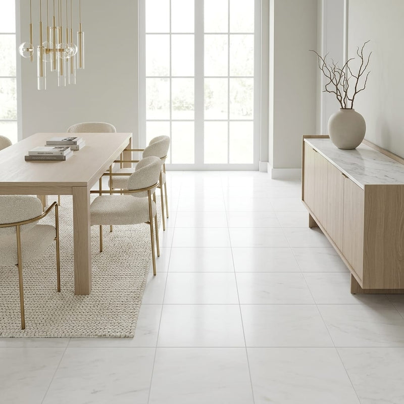 Bianco Dolomiti (White Dolomite) 18x18 Honed Tile — Dining Room floor