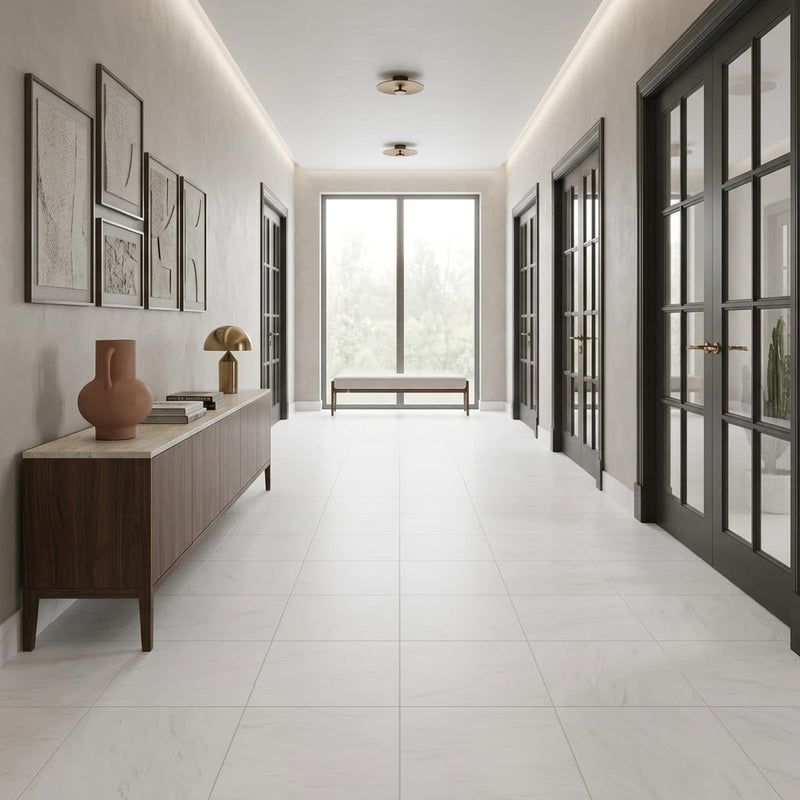 Bianco Dolomiti (White Dolomite) 18x18 Honed Tile — Hallway floor