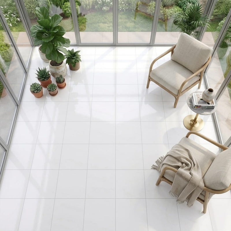 Bianco Dolomiti (White Dolomite) 18x18 Honed Tile — Sunroom floor