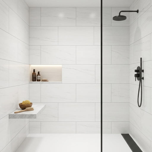 Bianco Dolomiti (White Dolomite) 18x36 Honed Tile — Bathroom shower wall