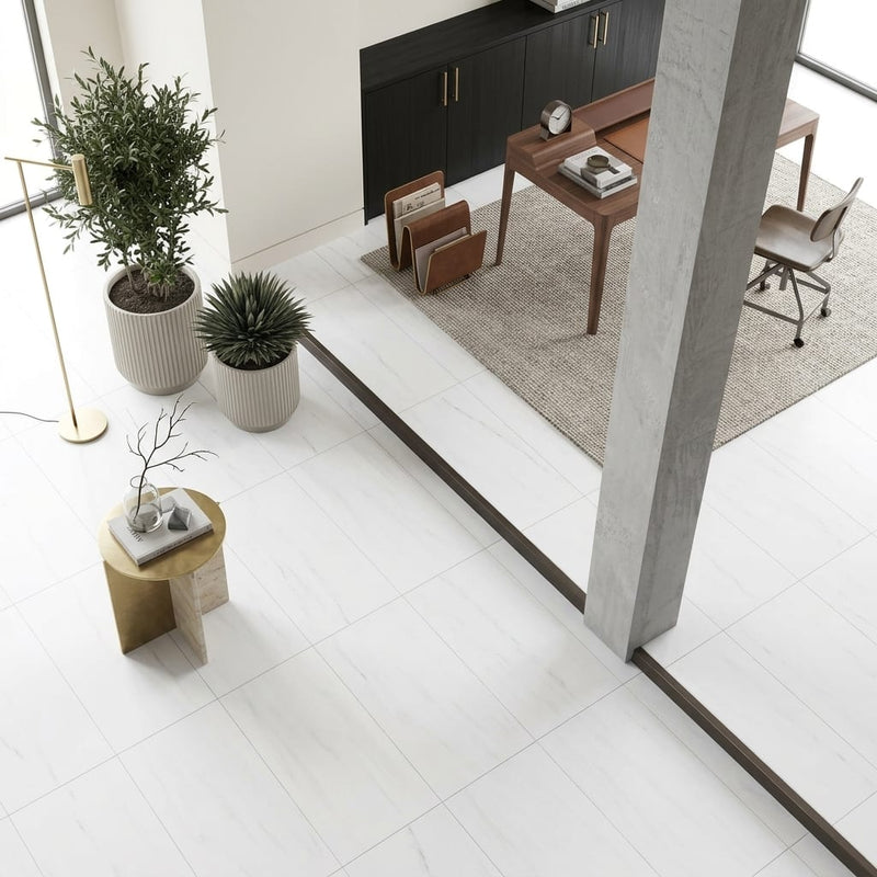 Bianco Dolomiti (White Dolomite) 18x36 Honed Tile — Living Room floor