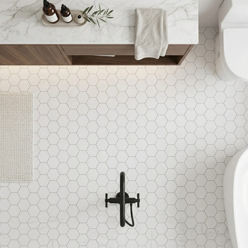 Bianco Dolomiti (White Dolomite) 2x2 Honed Hexagon Mosaic — Bathroom floor