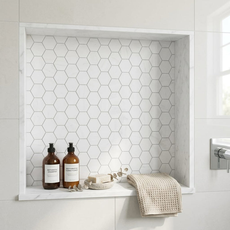 Bianco Dolomiti (White Dolomite) 2x2 Honed Hexagon Mosaic — Bathroom niche