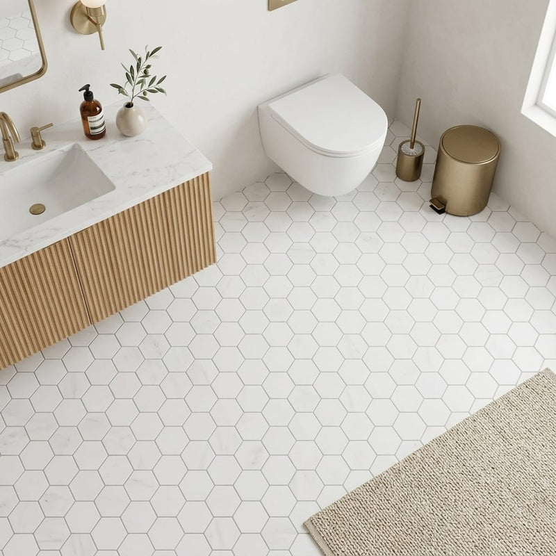 Bianco Dolomiti (White Dolomite) 2x2 Honed Hexagon Mosaic — Powder Room floor