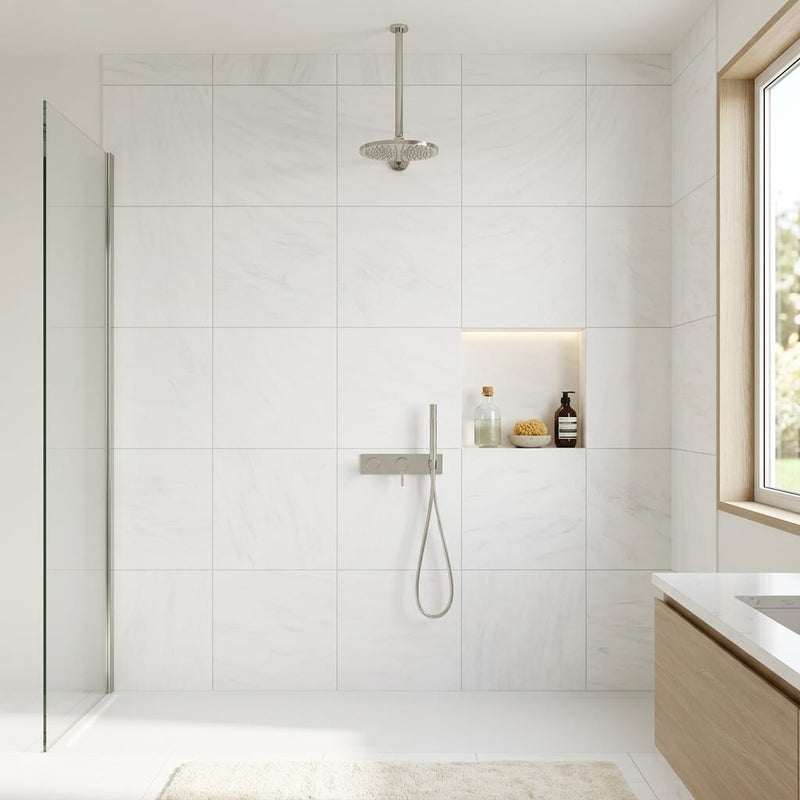 Bianco Dolomiti (White Dolomite) 24x24 Honed Tile — Bathroom shower wall