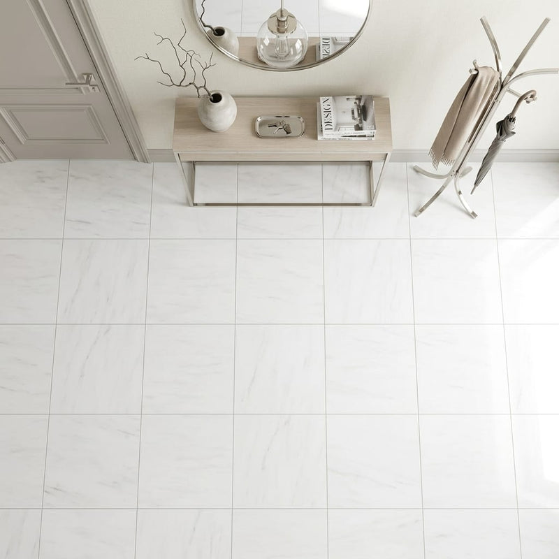 Bianco Dolomiti (White Dolomite) 24x24 Honed Tile — Foyer floor