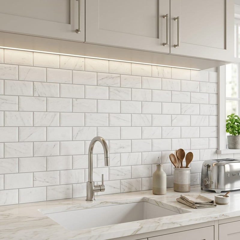 Bianco Dolomiti (White Dolomite) 3x6 Honed Tile — Kitchen backsplash