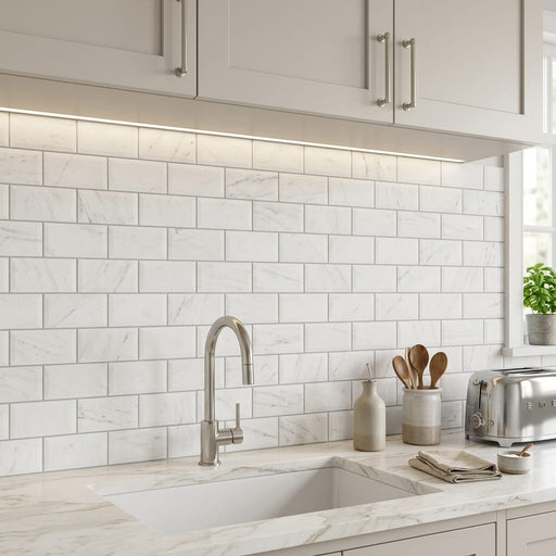 Bianco Dolomiti (White Dolomite) 3x6 Honed Tile — Kitchen backsplash