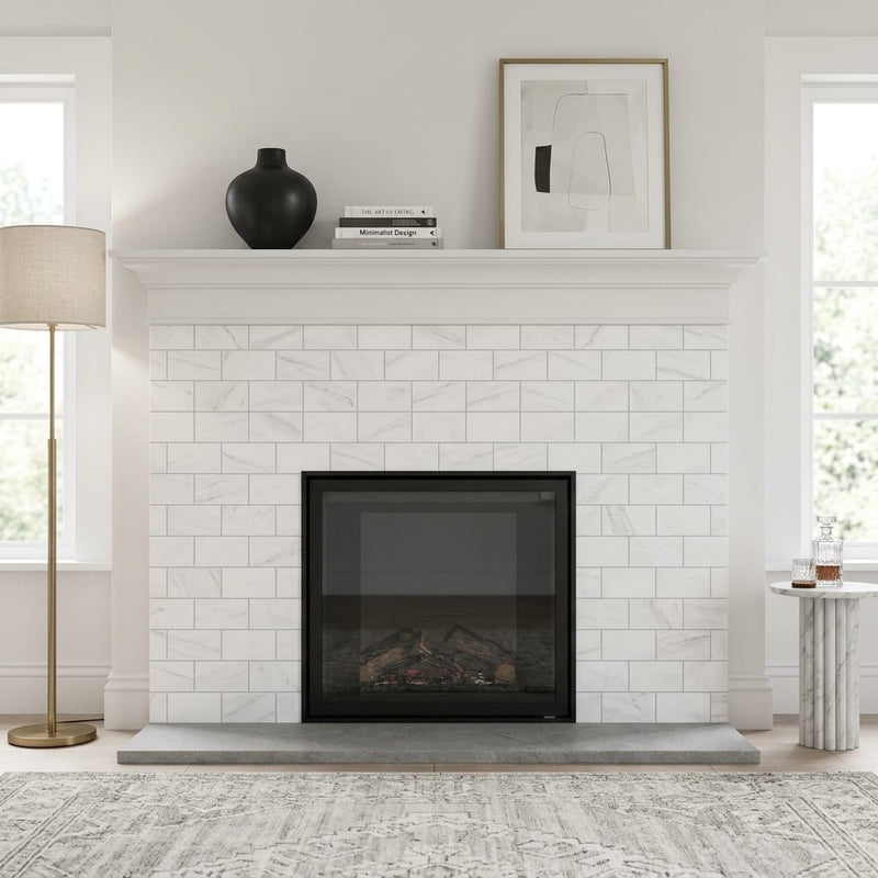 Bianco Dolomiti (White Dolomite) 3x6 Honed Tile — Living Room fireplace surround