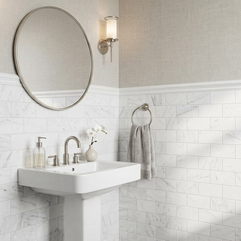 Bianco Dolomiti (White Dolomite) 3x6 Honed Tile — Powder Room wainscot