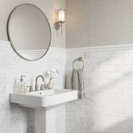 Bianco Dolomiti (White Dolomite) 3x6 Honed Tile — Powder Room wainscot