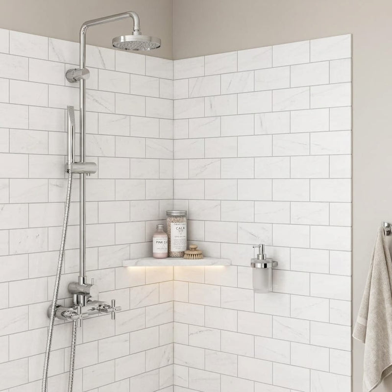 Bianco Dolomiti (White Dolomite) 3x6 Honed Tile — Bathroom shower wall