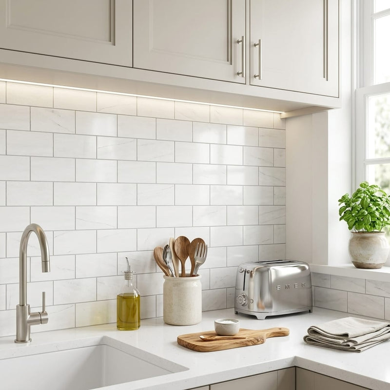 Bianco Dolomiti (White Dolomite) 3x6 Honed Tile — Kitchen backsplash