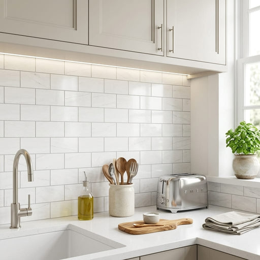 Bianco Dolomiti (White Dolomite) 3x6 Honed Tile — Kitchen backsplash