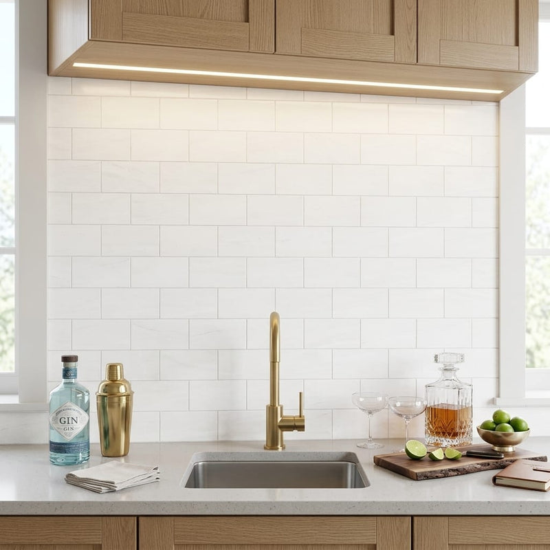 Bianco Dolomiti (White Dolomite) 3x6 Honed Tile — Wet Bar backsplash