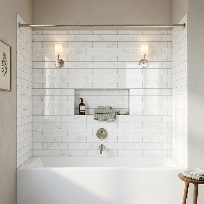 Bianco Dolomiti (White Dolomite) 3x6 Polished Tile — Bathroom tub surround