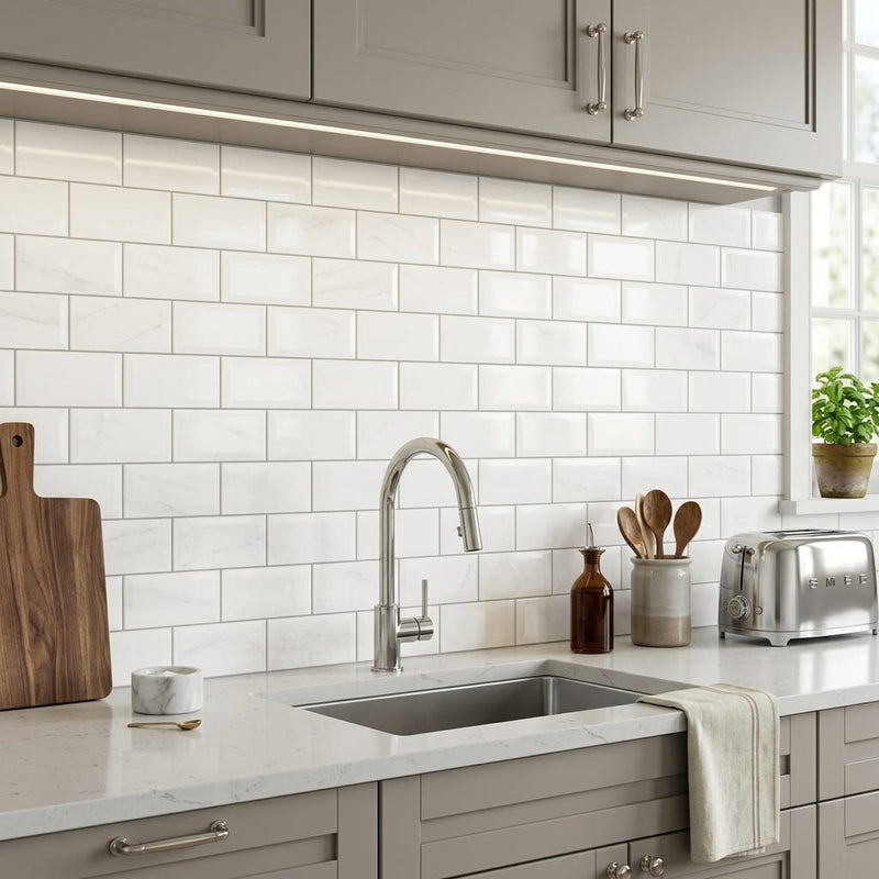 Bianco Dolomiti (White Dolomite) 3x6 Polished Tile — Kitchen backsplash