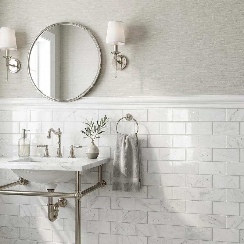 Bianco Dolomiti (White Dolomite) 3x6 Polished Tile — Powder Room wainscot