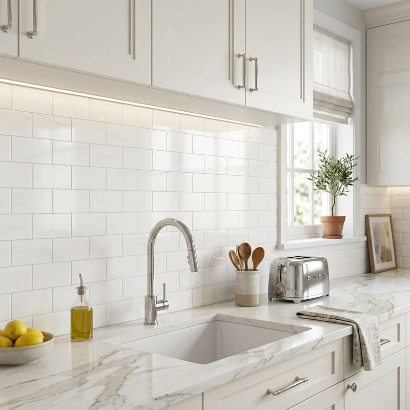 Bianco Dolomiti (White Dolomite) 3x6 Polished Tile — Kitchen backsplash