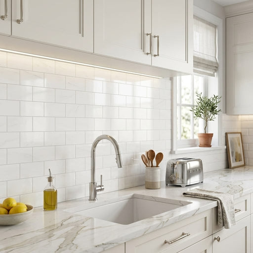 Bianco Dolomiti (White Dolomite) 3x6 Polished Tile — Kitchen backsplash