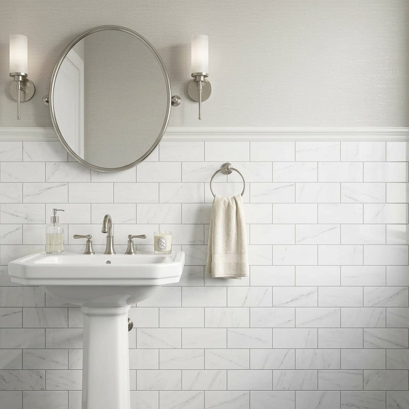 Bianco Dolomiti (White Dolomite) 3x6 Polished Tile — Powder Room wainscot
