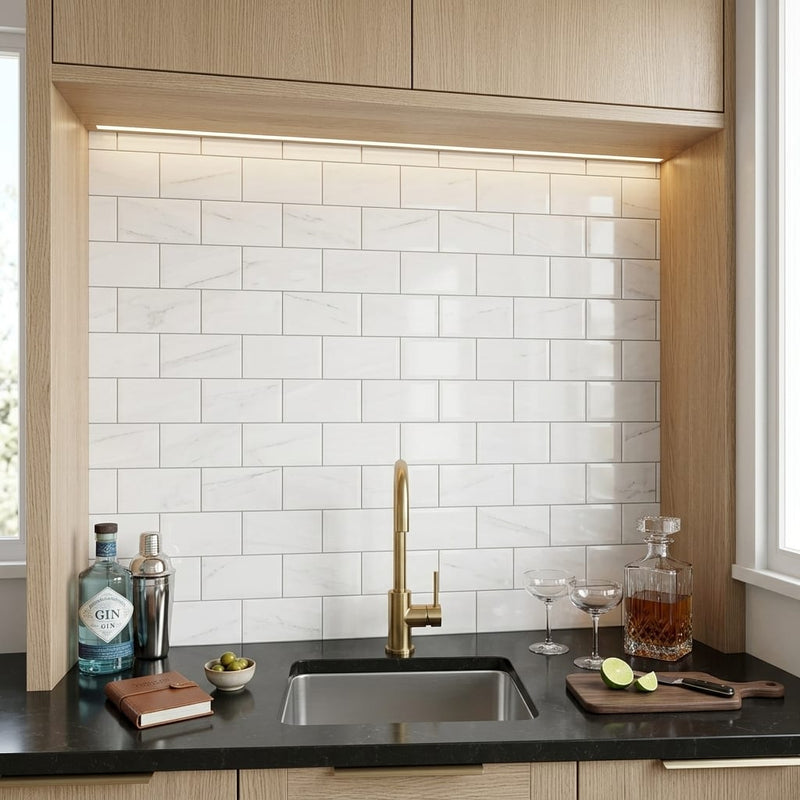 Bianco Dolomiti (White Dolomite) 3x6 Polished Tile — Wet Bar backsplash
