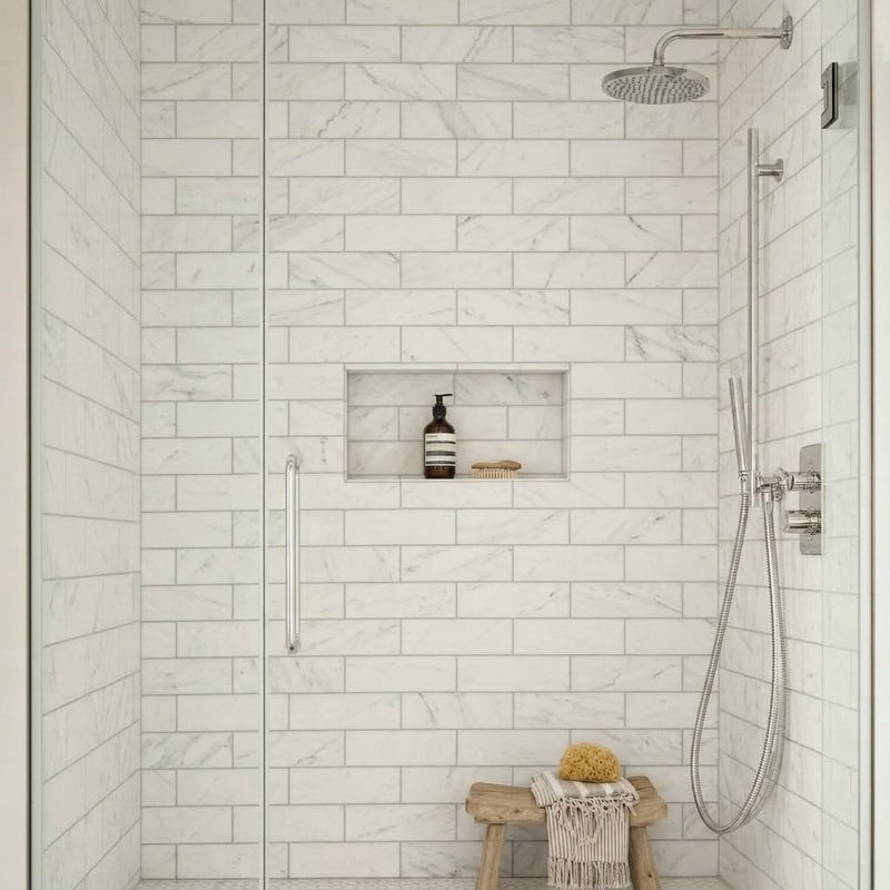 Bianco Dolomiti (White Dolomite) 4x12 Honed Tile — Bathroom shower wall