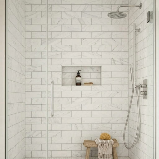 Bianco Dolomiti (White Dolomite) 4x12 Honed Tile — Bathroom shower wall