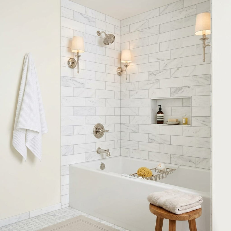 Bianco Dolomiti (White Dolomite) 4x12 Honed Tile — Bathroom tub surround