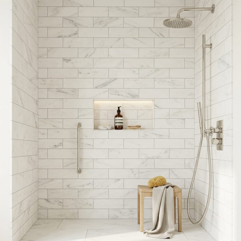 Bianco Dolomiti (White Dolomite) 4x12 Honed Tile — Bathroom shower wall