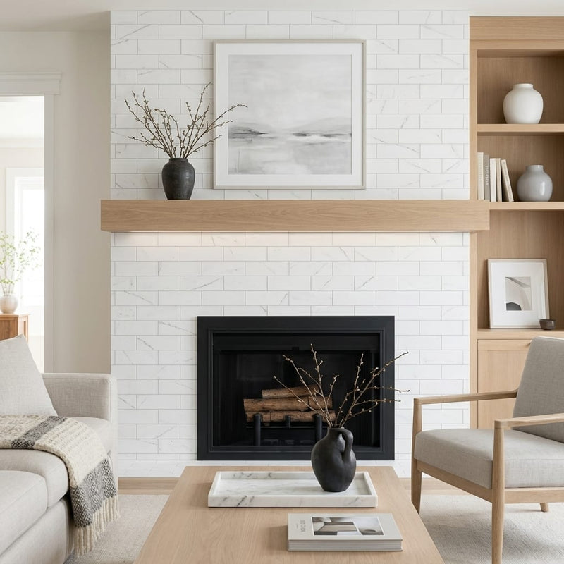 Bianco Dolomiti (White Dolomite) 4x12 Honed Tile — Living Room fireplace surround