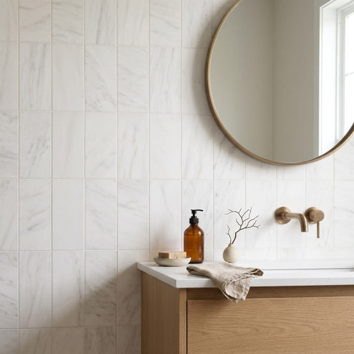 Bianco Dolomiti (White Dolomite) 6x12 Honed Tile — Bathroom wall