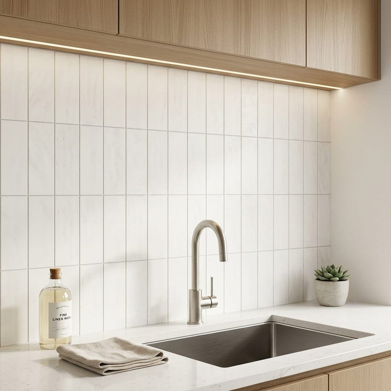 Bianco Dolomiti (White Dolomite) 6x12 Honed Tile — Laundry Room backsplash