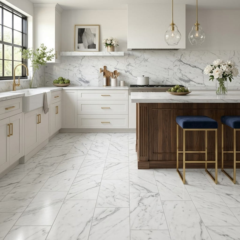 Bianco Venatino 12x24 Honed Marble Tile — Kitchen floor