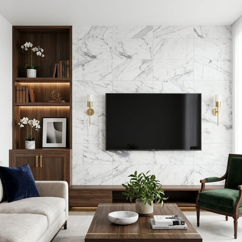 Bianco Venatino 12x24 Honed Marble Tile — Living Room feature wall