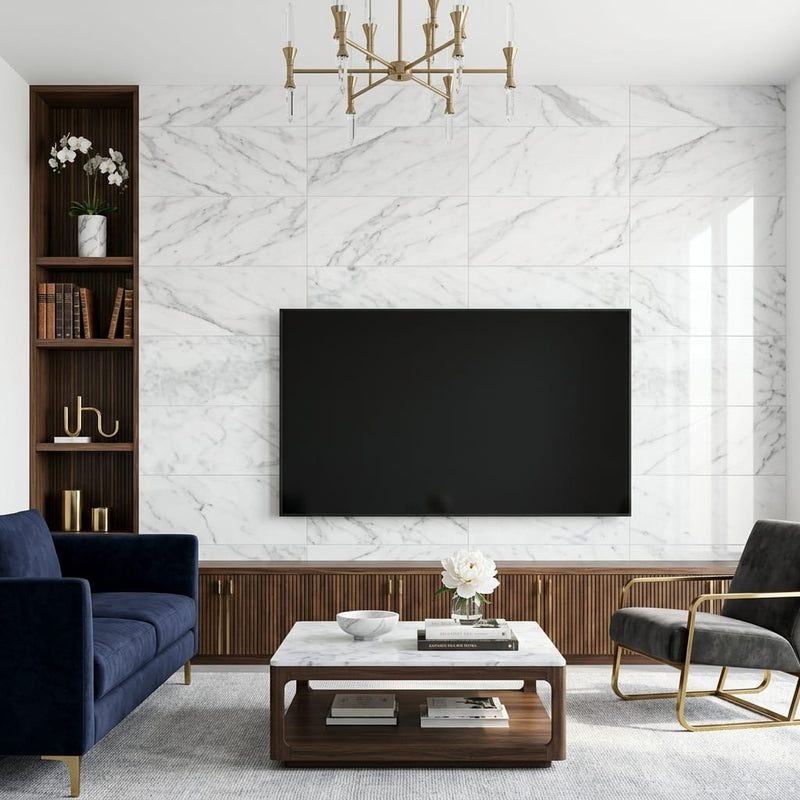 Bianco Venatino 12x24 Polished Marble Tile — Living Room feature wall