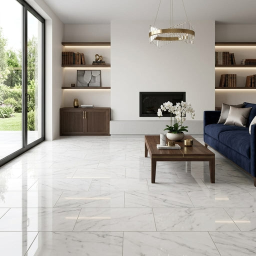 Bianco Venatino 12x24 Polished Marble Tile — Living Room floor