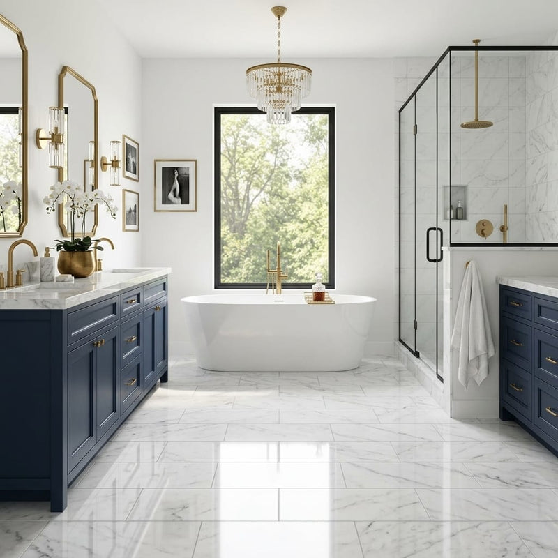 Bianco Venatino 12x24 Polished Marble Tile — Primary Bath floor