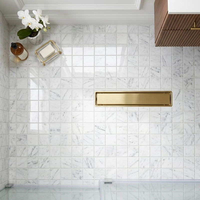 Bianco Venatino 2x2 Mesh Polished Marble Mosaic — Bathroom shower floor